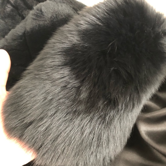Real 100 rabbit fur jacket with real fox collar & pockets black medium - Picture 13 of 13